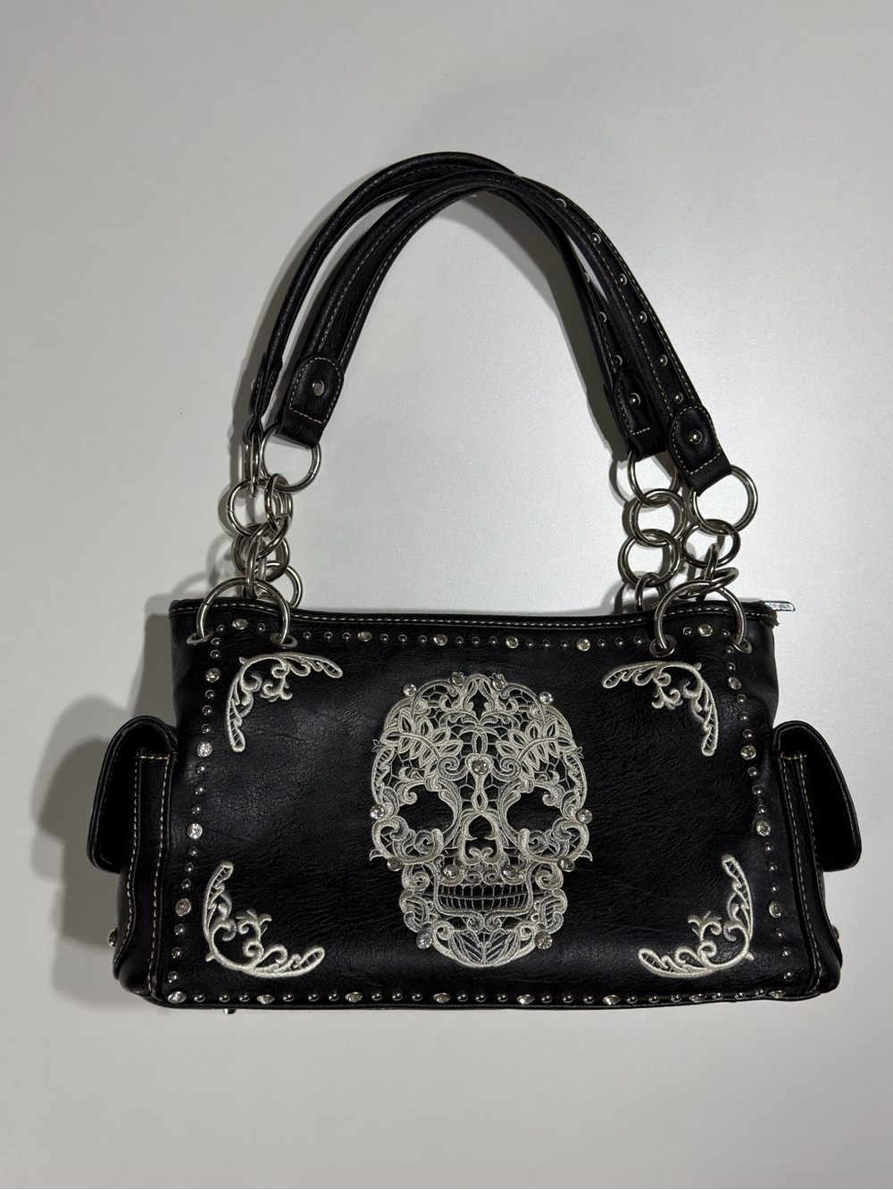 Montana West Black Sugar Skull Embroidered Handbag / Satchel